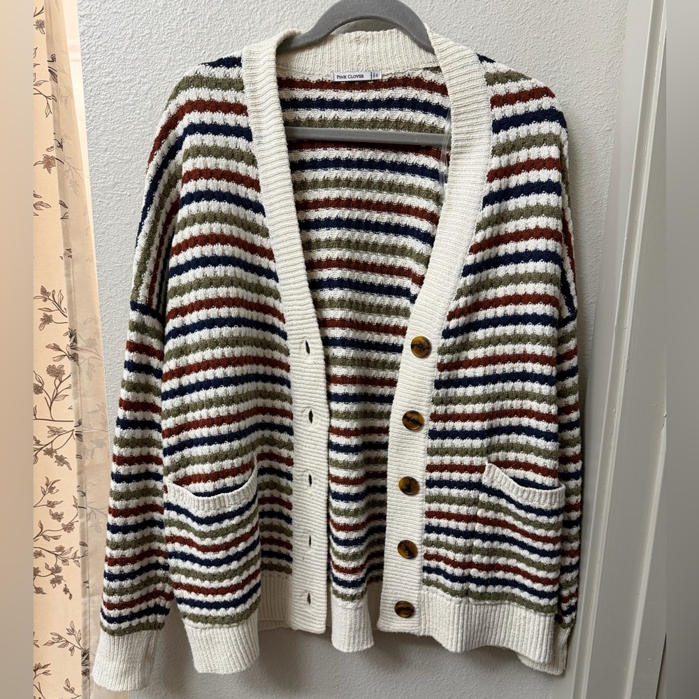 Pink Clover Striped Knit Cardigan in Cream, Brown, Navy & Olive Size XL